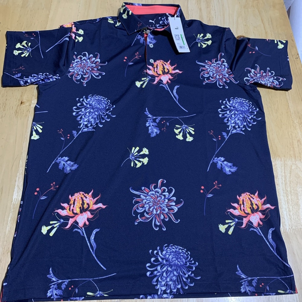 Puma Polo Shirt Men Sz Large Blue Performance Golf Floral Summer Print Mattr New